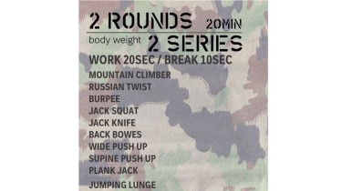 Full body workout: 2 rounds - 2 series - work20sec/break10sec - body weight